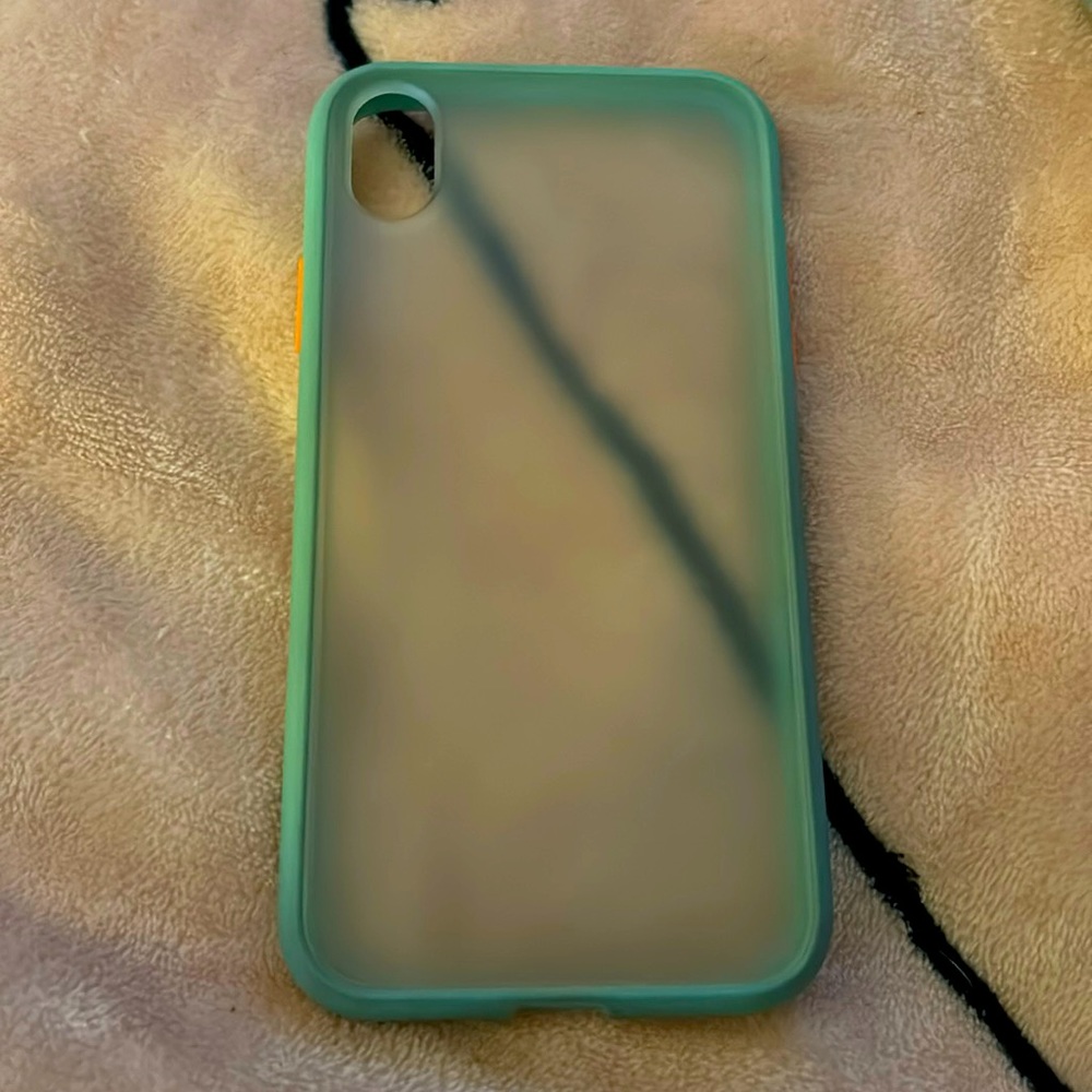 iPhone XR case, blue& orange with clear see through back from SHEIN.